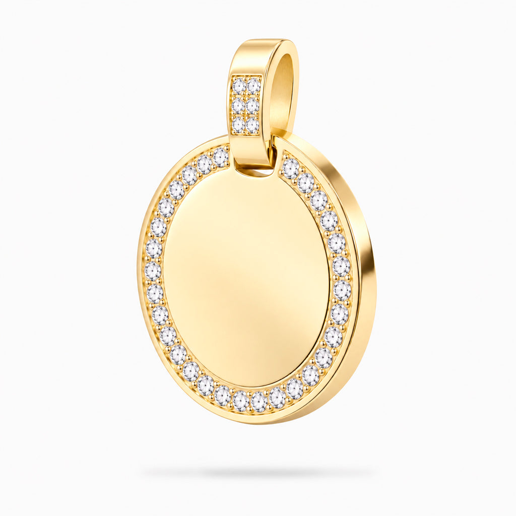 Dije personalizable redondo con zirconitas revestido en oro