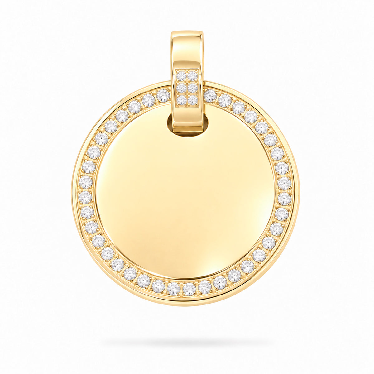 Dije personalizable redondo con zirconitas revestido en oro