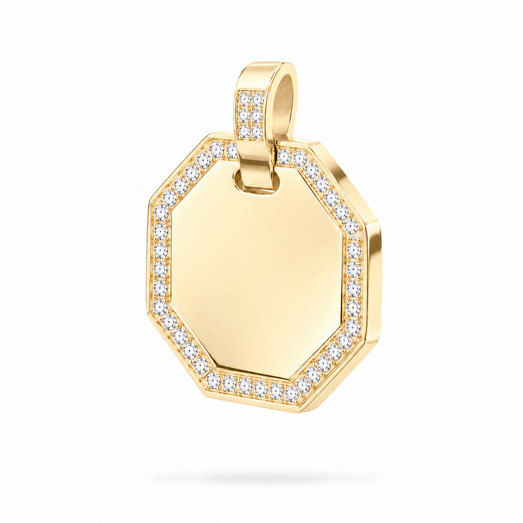 Dije personalizable octagonal con zirconitas revestido en oro